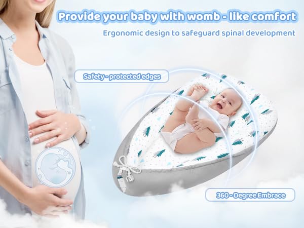 Baby Lounger for Newborn,0-12 Months,Soft Infant Lounger Pillow for Home and Travel, Baby Protable Nest Lounger with Cover,Multi-Use Baby Lounger for Supervised Play&Tummy Time(Tree)
