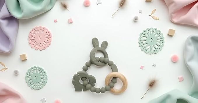 | Bohemian Teether | Baby Teether | Sensory Exploration and Teething Relief | 100% Food-Grade Silicone Teether Toy | BPA Free | Chewbeads | Silicone with Beechwood Ring | (Sage)