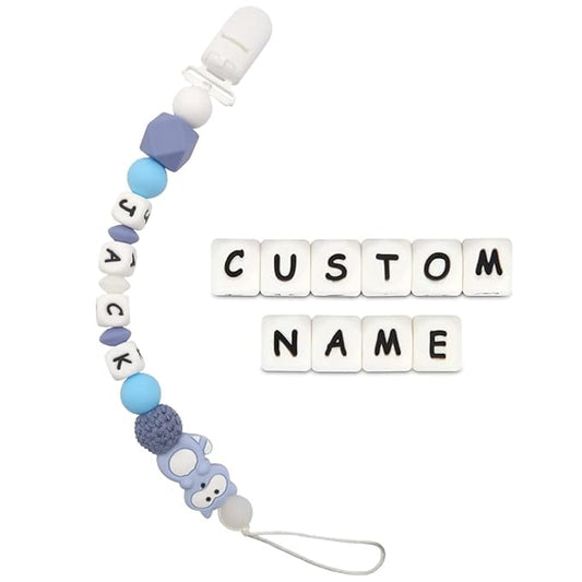 Personalized Pacifier Clip with Name for Boys Girls - Racoon (Blue)