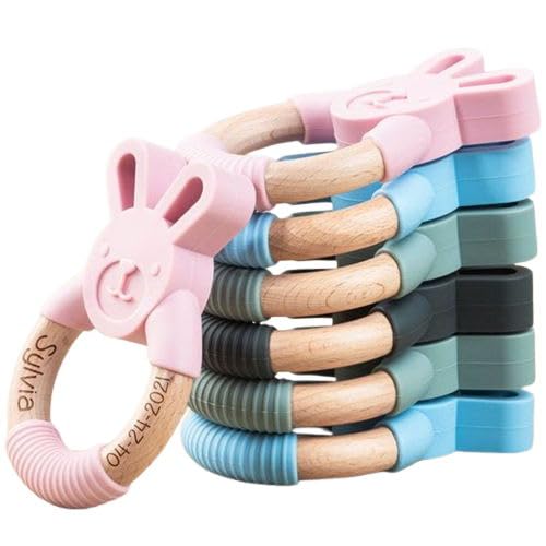 Personalized Engraved Bunny Silicone Teether For Baby, Custom Easter Bunny Wooden Silicone Bunny With Name Sensory Toy Wooden Ring Baby Shower Gifts Easter Gifts Christmas Gifts