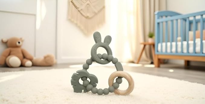 | Bohemian Teether | Baby Teether | Sensory Exploration and Teething Relief | 100% Food-Grade Silicone Teether Toy | BPA Free | Chewbeads | Silicone with Beechwood Ring | (Sage)