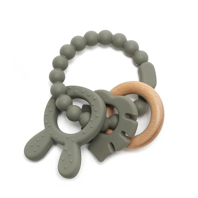 | Bohemian Teether | Baby Teether | Sensory Exploration and Teething Relief | 100% Food-Grade Silicone Teether Toy | BPA Free | Chewbeads | Silicone with Beechwood Ring | (Sage)