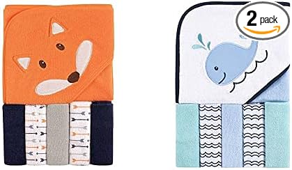 Luvable Friends Boy Hooded Towel with Five Washcloths 2-Pack, Fox Whale