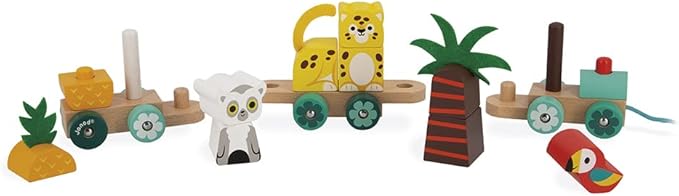 Janod - Tropik Tropical Pull-Along Train - 11 Pieces and 3 Cars - Ages 1 Year + J08272