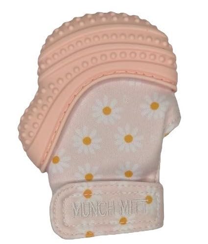 Malarkey Kids Baby Teething Mitten, Munch Mitt Baby Chew Toy - Protects Hands from Chewing & Saliva, Heals Aching Gums, Promotes Sound & Visual Stimulation for Babies Up to 1-Year-Old (Pink Daisies)