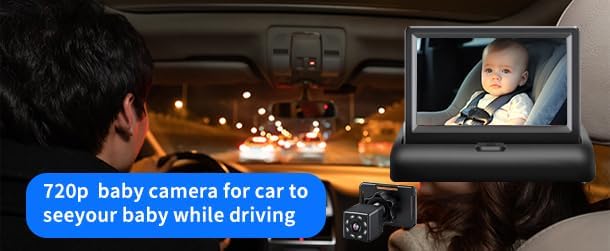 Baby Car Monitor Mirror,View Infant in Rear Facing Seat with HD Camera,360° Rotation Plug and Easy Install with Wire, Day and Night Version, 4.3 inch, Black