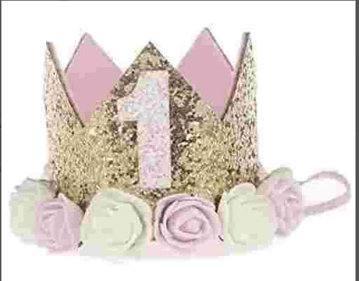 1st Baby Birthday Crown Flower Tiara Headband First Birthday Party Hat Hairbands Princess Photo Props Birthday Decorations Baby Photography Gifts, Gold, One Size