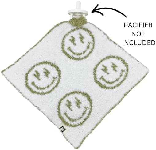 L+L USA Smiley Face Baby Lovey Pacifier/Teether Holder 10"x10" - DreamSoft Plush Fluffy Cuddly Soothie Reversible Mini Comfort Blanket Cute Newborn Gift Essential Babies Boys Girls (Sage Green/White)