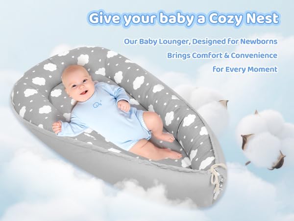 Baby Lounger for Newborn,0-12 Months,Soft Infant Lounger Pillow for Home and Travel, Baby Protable Nest Lounger with Cover,Multi-Use Baby Lounger for Supervised Play&Tummy Time(Cloud)