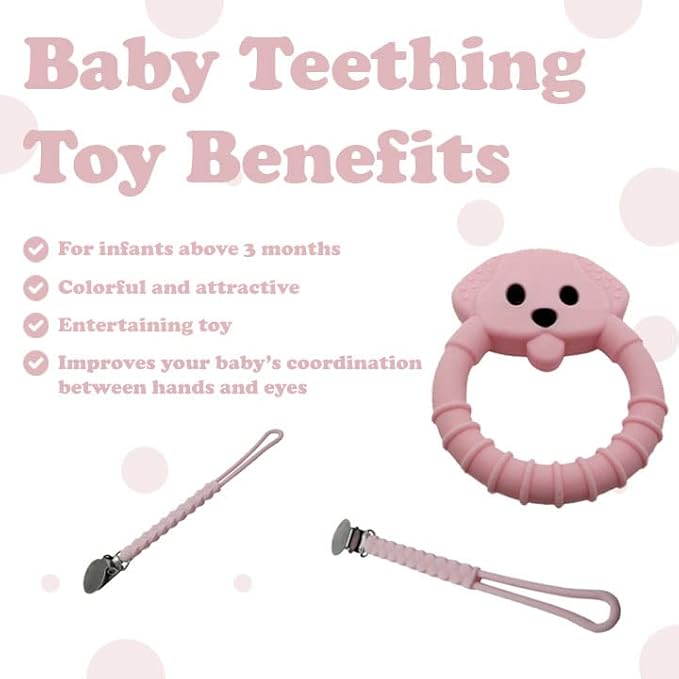Gadgetime USA Baby Teething Toy Set - Includes Pink Pacifier Clip & Bear Teether - Silicone Chew Toys for Infants Newborns - BPA Free Freezer Safe
