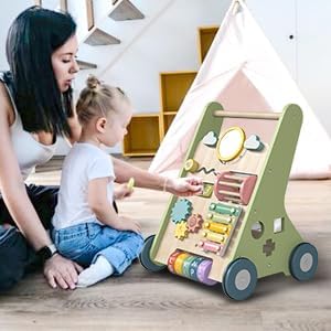 11-in-1 Montessori Baby Walker Toddlers Push Walker Wooden Activity Center Gift for 1 Year Old Boys Girls, Adjustable Speed & Quiet Wheels Learning to Walk Sensory Toys Baby Sit-to-Stand Walking Toys