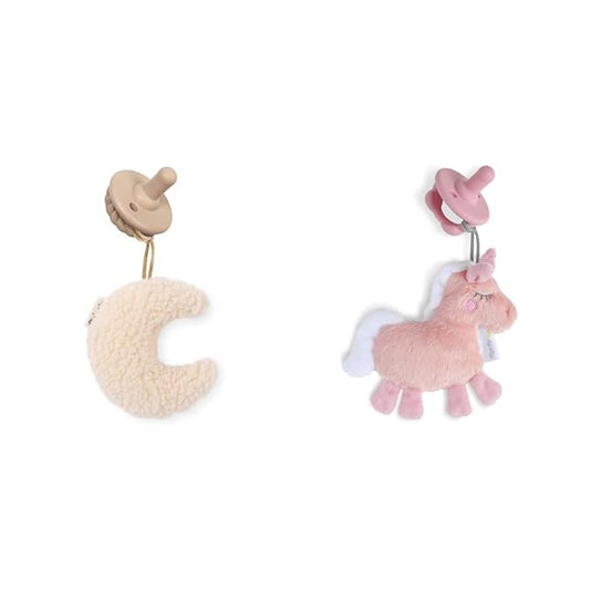 Itzy Ritzy Pacifier & Lovey Set with Detachable Plush Moon & Unicorn and Coordinating Toast & Pink Silicone Pacifiers, 0 Months & Up