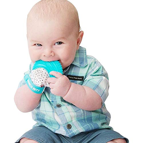 Malarkey Kids Patented Teething Mitten, Munch Mitt Baby Chew Toy - Protects Hands from Chewing & Saliva, Heals Aching Gums, Promotes Sound & Visual Stimulation for Babies - Aqua Polka Dot