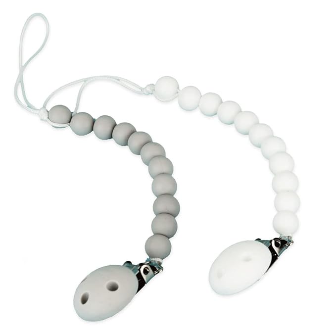 Kids Heroes Silicone Pacifier Holder Clip with One Piece Design for Baby, 2 Pack (White and Grey)