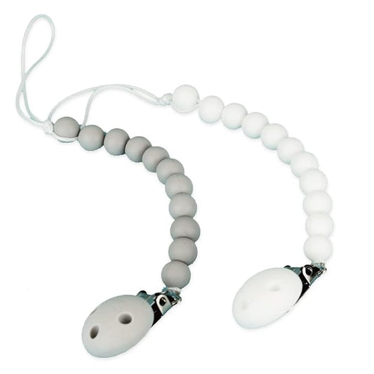 Kids Heroes Silicone Pacifier Holder Clip with One Piece Design for Baby, 2 Pack (White and Grey)