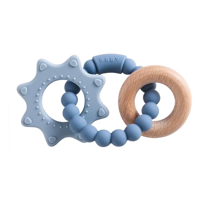 Baby Silicone and Wood Teether Ring Toy,Food Grade Silicone Chew Toys for 3-6,6-12,12-18 Months Newborns,Infants,Toddlers Teething Relief,Safe and Soft,BPA Free,Baby Essentials. (Star)