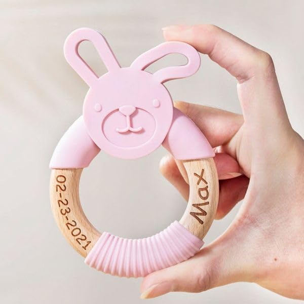 Personalized Engraved Bunny Silicone Teether For Baby, Custom Easter Bunny Wooden Silicone Bunny With Name Sensory Toy Wooden Ring Baby Shower Gifts Easter Gifts Christmas Gifts