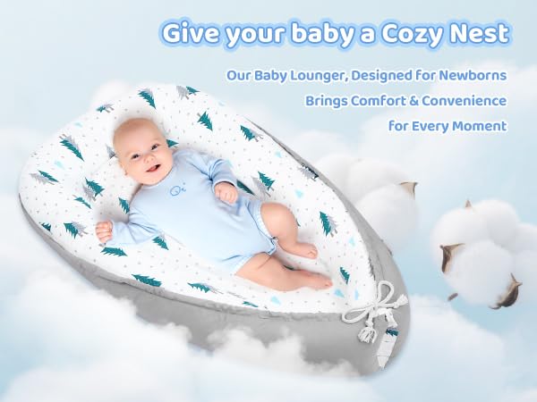Baby Lounger for Newborn,0-12 Months,Soft Infant Lounger Pillow for Home and Travel, Baby Protable Nest Lounger with Cover,Multi-Use Baby Lounger for Supervised Play&Tummy Time(Tree)