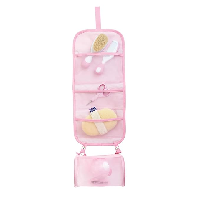 Chicco My First Beauty Set 5-in-1, Chicco Hygiene Set for Newborns, Products for Hygiene Children, Comb, Brush, Nail Scissors, Thermometer and Bath Sponge, Baby Accessories 0 Months, Pink