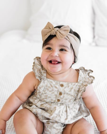 Baby Bling Bows - Newborn to Little Baby Girl Bows, 2PK PRINT SOLID KNOTS Nylon Super Soft Stretchy Toddler Headbands, Perfect Hair Accessories Head Bands for Infant Kids (Winter Garden & Oak)