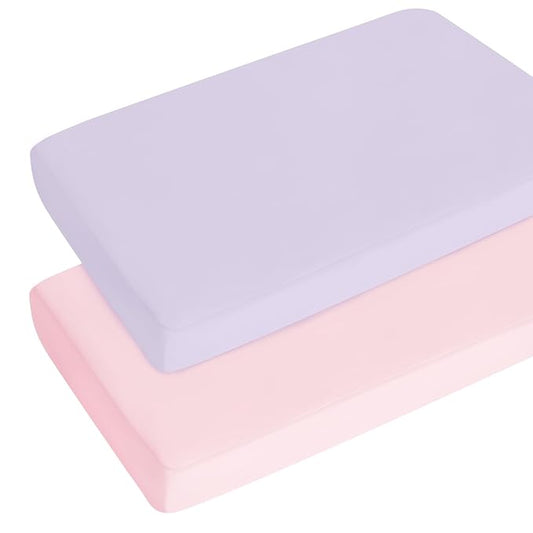 Pack and Play Sheets Boy Girl, 2 Pack Portable Playard Sheet Fits for Graco Pack N Play, Snug Fit Breathable Soft Fitted Playpen Sheet, Mini Crib Sheets, Pink & Violet