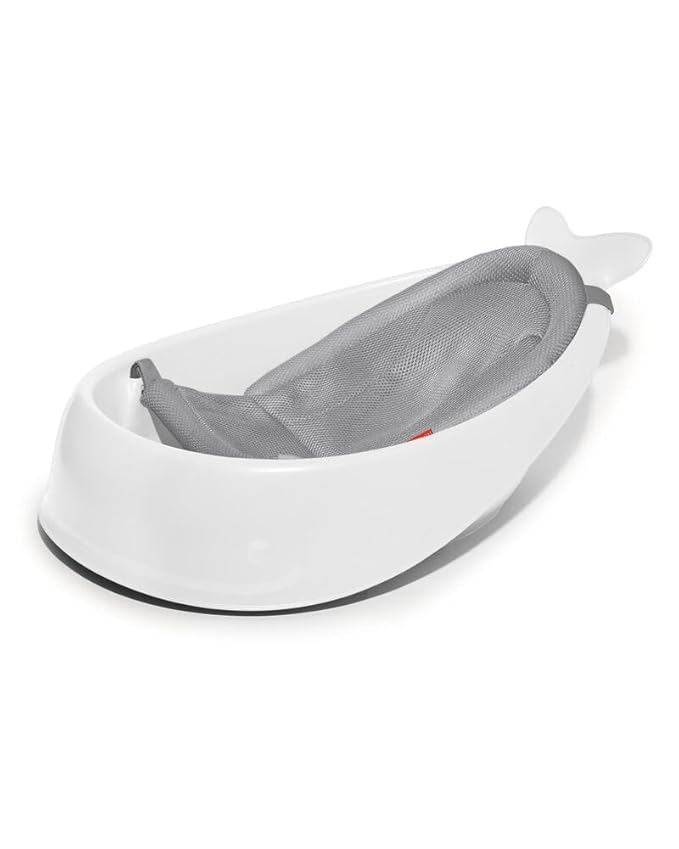 Skip Hop Baby Bath Tub, 3-Stage Smart Sling Tub, Moby, White & Moby Baby Bath Essential Set, Grey