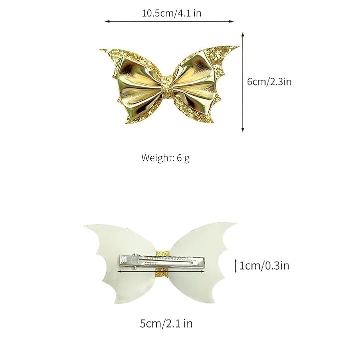 Gold Hair Clips, Halloween Bat Wing Hair Bows for Girls Glitter Faux Leather Hair Clips, Cute Halloween Hair Accessories.(FJ78-Gold R)
