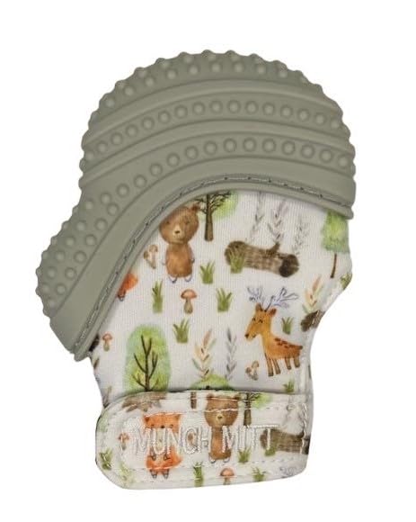Malarkey Kids Baby Teething Mitten, Munch Mitt Baby Chew Toy - Protects Hands from Chewing & Saliva, Heals Aching Gums, Promotes Sound & Visual Stimulation for Babies Up to 1-Year-Old (Grey Woodland)