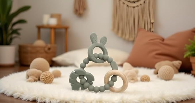 | Bohemian Teether | Baby Teether | Sensory Exploration and Teething Relief | 100% Food-Grade Silicone Teether Toy | BPA Free | Chewbeads | Silicone with Beechwood Ring | (Sage)