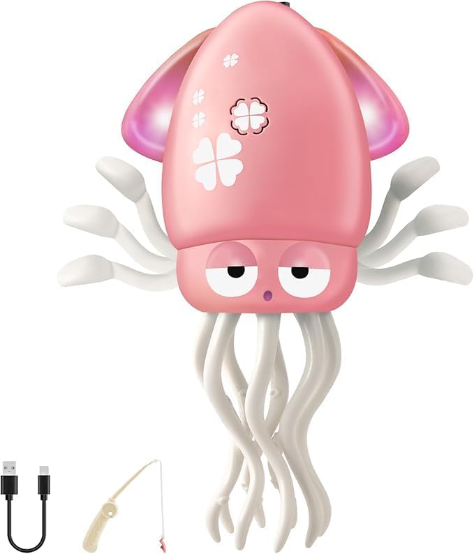 Dancing Octopus – Rechargeable,Sound & Light, Includes Fishing Rod, Obstacle Avoidance, and Lying-Down Walking Function (Pink)
