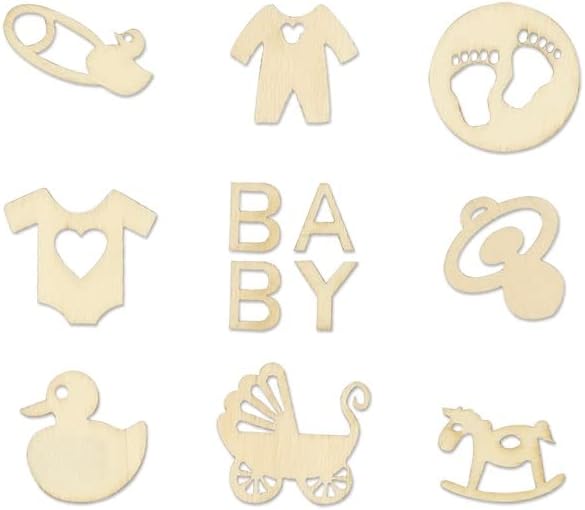 Mini Laser Cuts Wood Shape - Baby - Pram, Rocking Horse, Pacifier, and More - 45 Pieces - 1'' Across