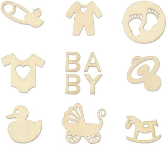 Mini Laser Cuts Wood Shape - Baby - Pram, Rocking Horse, Pacifier, and More - 45 Pieces - 1'' Across