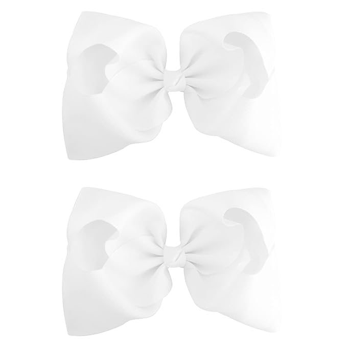 DEEKA 2 PCS 8" Big Hair Bows Hand-made Grosgrain Ribbon Solid Color Large Bows Alligator Clips Hair Accessories for Girls Set of 2 -White