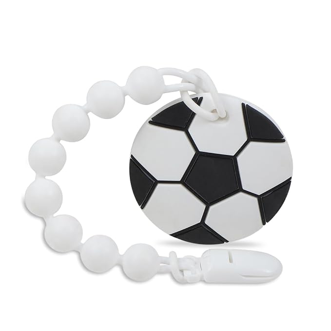 Baby Sports Ball Teething Toys,Food Grade Silicone Teether with One-piece Pacifier Clip Holder,Shower Gift,Teething Pain Relief for 3 Months+ Boy and Girl,BPA Free,Freezer Safe. (Soccer)