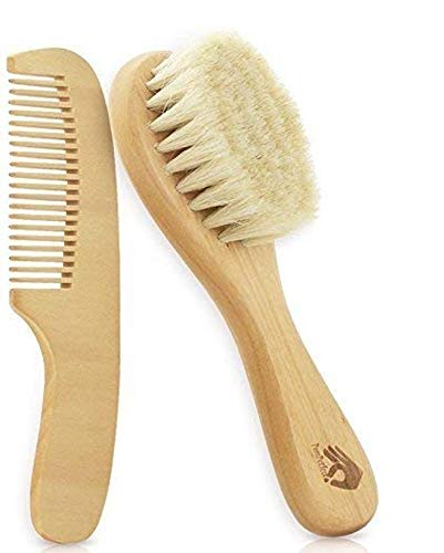 Natural Soft Newborn Baby Brush Set – Goat Hair Bristles with Eco-Friendly Wood Handle | Wooden Infant Cutie Comb by PomPerfect