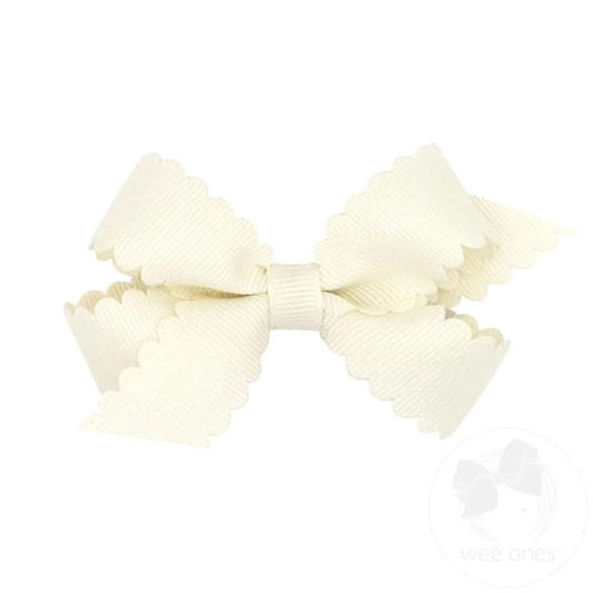 Wee Ones Girls' Classic Grosgrain Hair Bow with Scalloped Edges, No-Slip Hair Clip, Handmade, Antique White, Mini