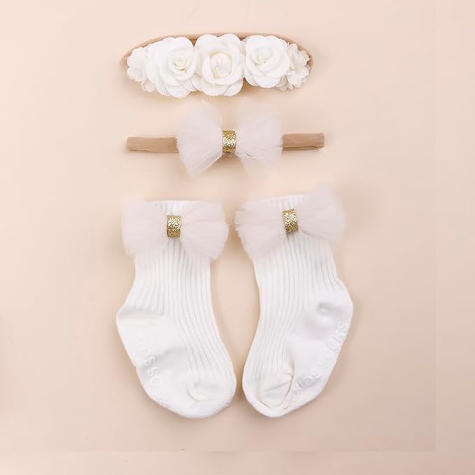 cherrboll Baby Girl Headbands and Socks Set, 3Pcs Soft Floral Hairbands Hair Bows Knit Socks for Newborn Infants Toddlers Photography Props Gifts