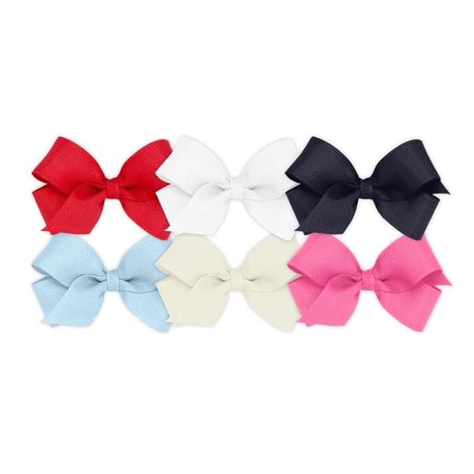 Wee Ones Girls' 6 Piece Set of Bows, Solid Grosgrain Variety Pack on a WeeStay No-Slip Hair Clip, Mini, Blue,Navy,Pink,Red,White