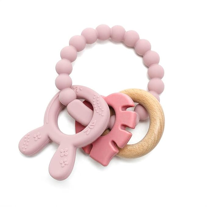 | Bohemian Teether | Baby Teether | Sensory Exploration and Teething Relief | 100% Food-Grade Silicone Teether Toy | BPA Free | Chewbeads | Silicone with Beechwood Ring | (Pink)