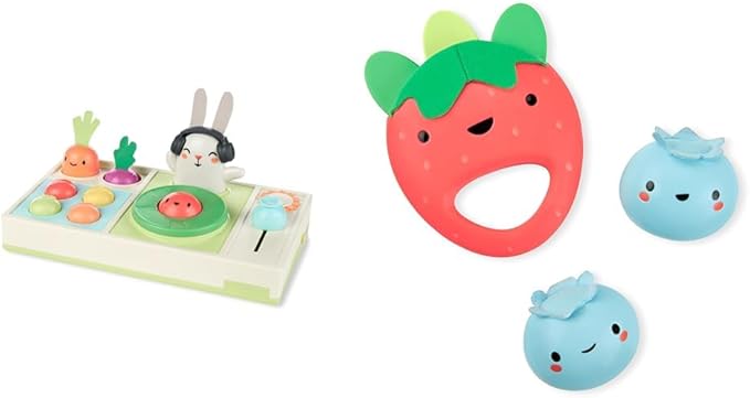 Skip Hop Baby Musical DJ Set with Lights, Songs, and Soft Textures - Farmstand Let The Beet Drop DJ Set and Strawberry Tambourine with Blueberry Shakers Baby Band