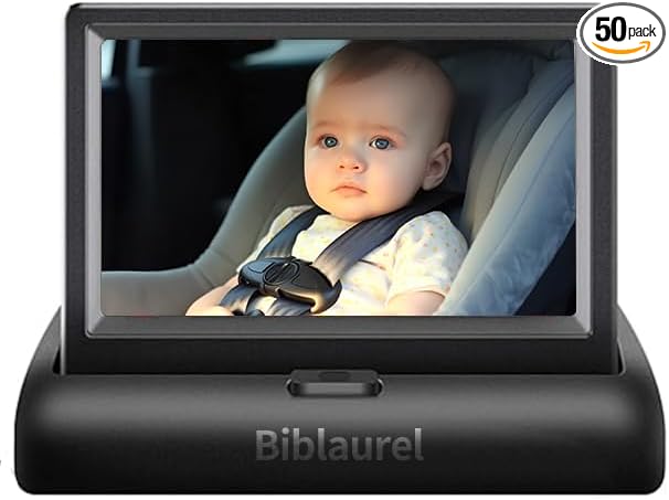 Baby Car Monitor Mirror,View Infant in Rear Facing Seat with HD Camera,360° Rotation Plug and Easy Install with Wire, Day and Night Version, 4.3 inch, Black