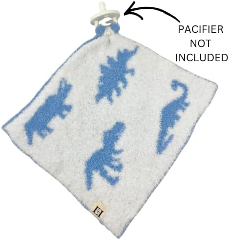 L+L USA Dinosaur Baby Lovey Pacifier/Teether Holder 10"x10" - DreamSoft Plush Fluffy Cuddly Soothie Reversible Mini Comfort Blanket - Newborn Gift Essential Babies Boys Girls (Baby Blue/White)