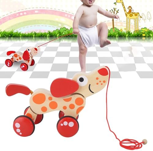 Push Pull Toy Puppy Walk Along Pull Wooden Hound Dog Walk A Long Puppy Wooden Pull Toy for Walking Toddlers (Dog)