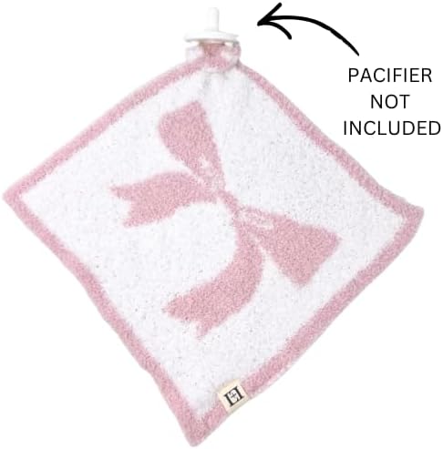L+L USA Bow Baby Lovey Pacifier/Teether Holder 10"x10" - DreamSoft Plush Fluffy Cuddly Soothie Reversible Mini Comfort Blanket - Cute Girly Newborn Gift Essential for Babies Girls (Pink/White)