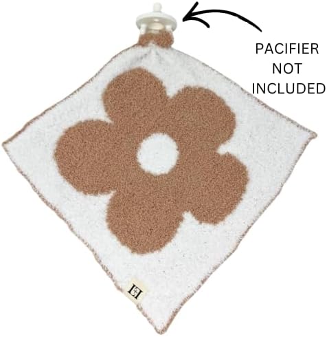 L+L USA Retro Flower Baby Lovey Pacifier/Teether Holder 10"x10" - DreamSoft Plush Fluffy Cuddly Soothie Reversible Mini Comfort Blanket - Cute Newborn Gift Essential Babies Boys Girls (Cafe/White)