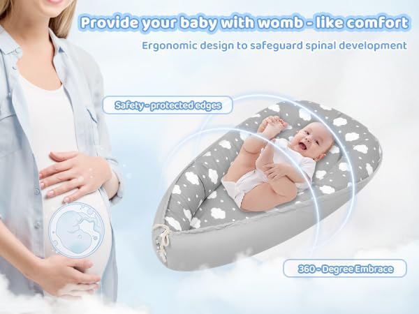 Baby Lounger for Newborn,0-12 Months,Soft Infant Lounger Pillow for Home and Travel, Baby Protable Nest Lounger with Cover,Multi-Use Baby Lounger for Supervised Play&Tummy Time(Cloud)