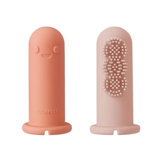 Fourfeet Dino Finger Toothbrush | Baby Silicone Oral Care Brush | Toddler Gum Cleaner | BPA Free Soft Bristles | Easy Drying Air Vent | Food Grade Material | Made in Korea - Coral + Beige (2PCS)