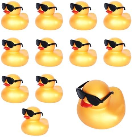 12 Pcs Mini Gold Rubber Ducks with Black Sunglasses, Squeaky Car Decor, Party Decor,Rubber Ducks Bulk, Lucky Ducks for Birthday Gift
