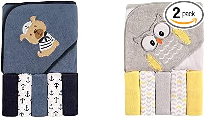 Luvable Friends Boy Hooded Towel with Five Washcloths 2-Pack, Dog Owl
