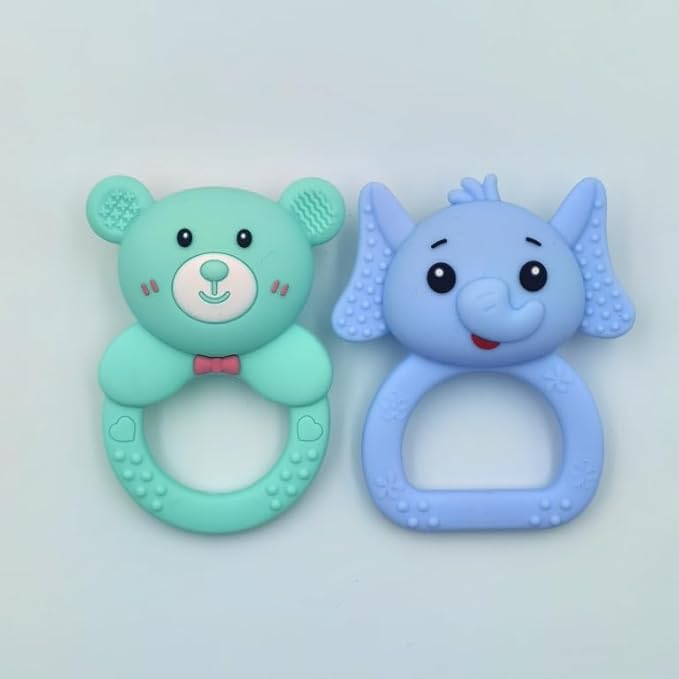 Silicone Baby Teether 2-Pack (Elephant & Deer) – BPA-Free, Soft, Safe, and Easy to Hold for Infants